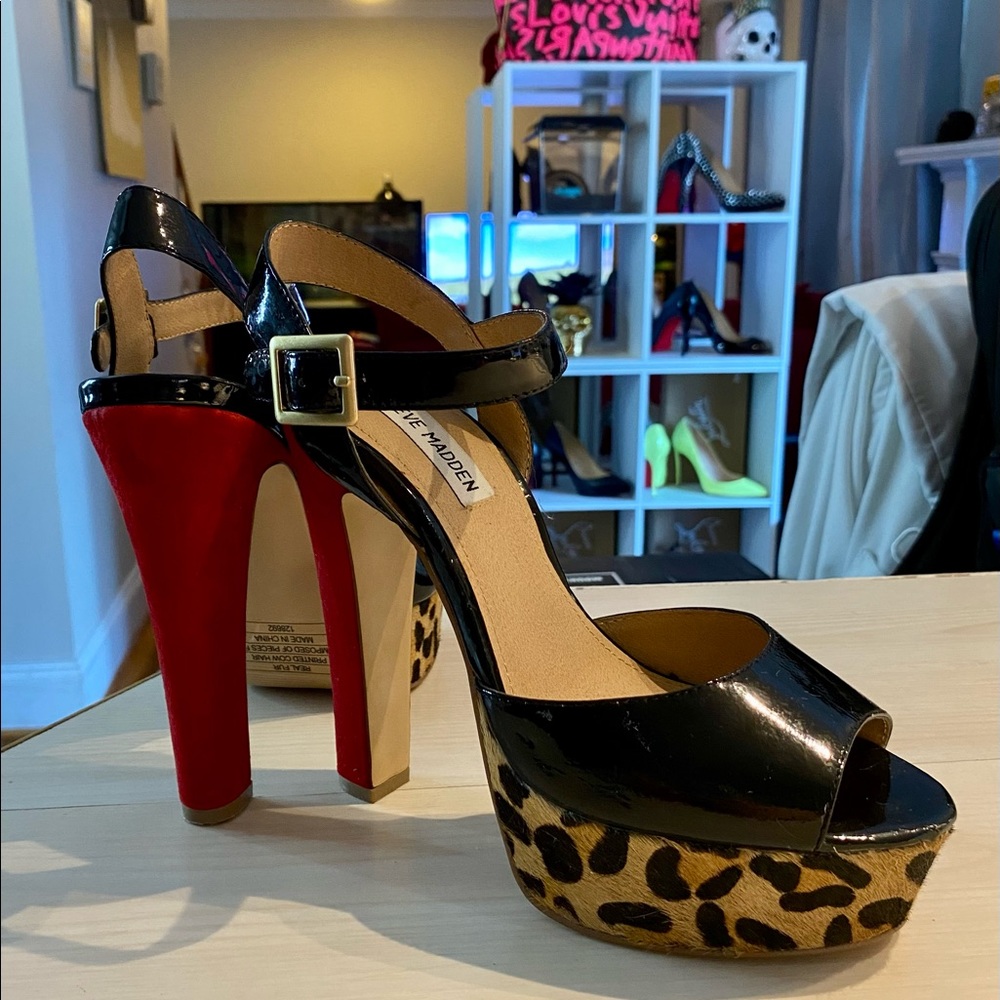 Steve Madden Black Patent & Leopard Platform Sandal with Red Heel